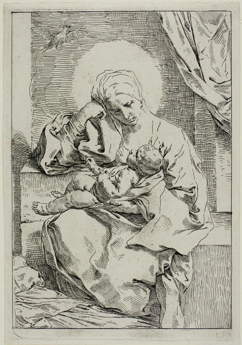 Madonna and Child with a Finch by Simone Cantarini, print, 1635-1636