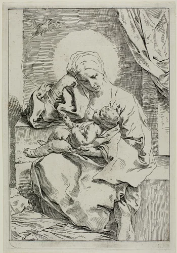 Madonna and Child with a Finch by Simone Cantarini, print, 1635-1636