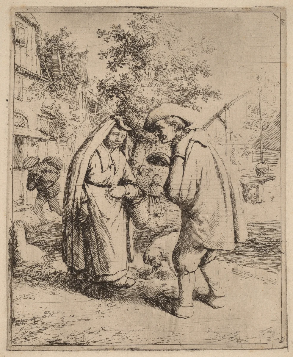Man and Woman Conversing on a Busy Village Street by Adriaen van Ostade, print, 1643-1653