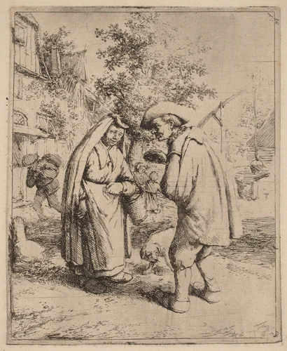 Man and Woman Conversing on a Busy Village Street by Adriaen van Ostade, print, 1643-1653