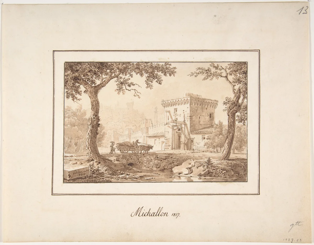 Oxcart Approaching a Fortified Building by Achille Etna Michallon, drawing, 1817