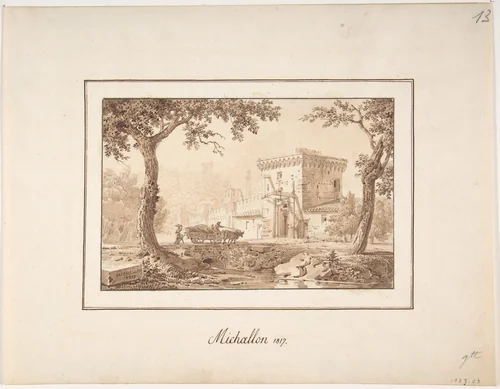 Oxcart Approaching a Fortified Building by Achille Etna Michallon, drawing, 1817