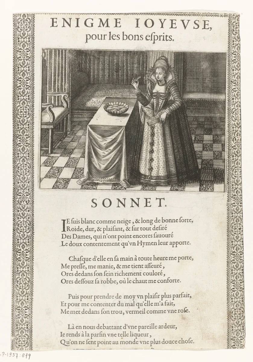 Vrouw bij een schaal lekkernijen by anonymous, print, 1610-1680