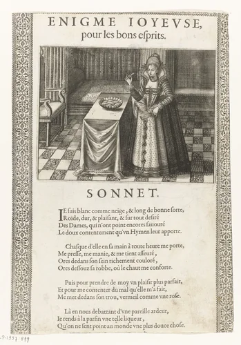 Vrouw bij een schaal lekkernijen by anonymous, print, 1610-1680