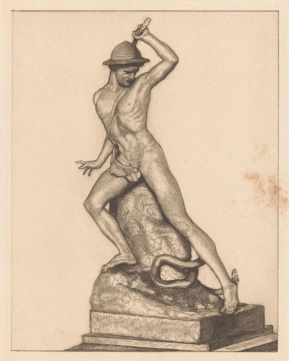 Sculptuur van een herder met een slang by Maria Arnoldina van Hove, print, 1900-1937