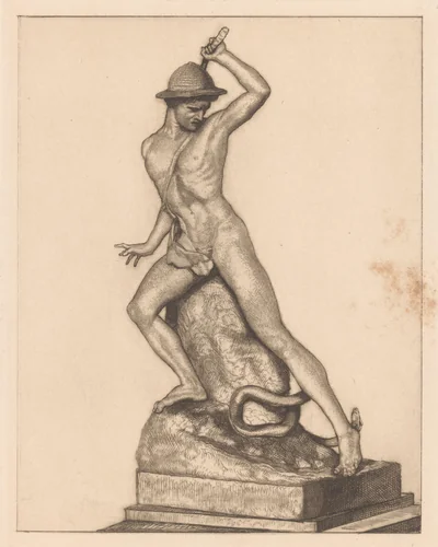 Sculptuur van een herder met een slang by Maria Arnoldina van Hove, print, 1900-1937