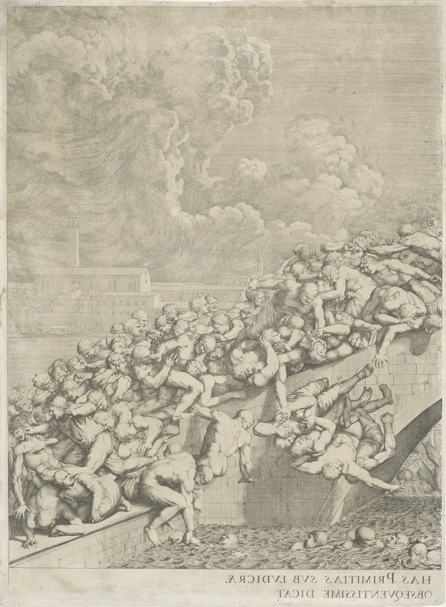 Vechtpartij op brug in Venetië (rechter deel spiegelbeeldig) by Domenico Rossetti, print, 1660-1736