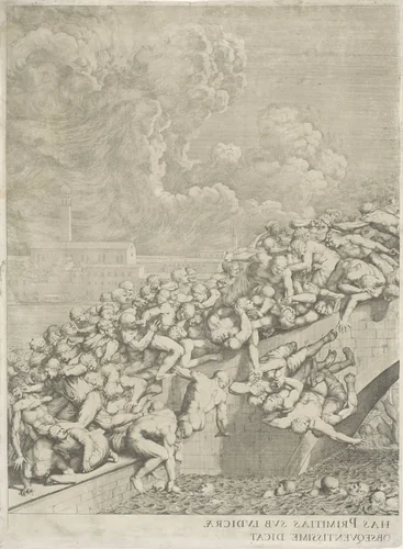 Vechtpartij op brug in Venetië (rechter deel spiegelbeeldig) by Domenico Rossetti, print, 1660-1736