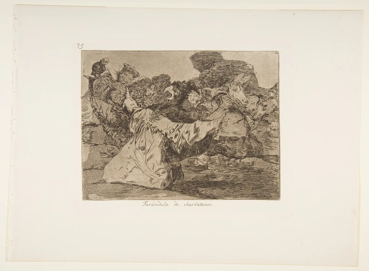 Plate 75 from "The Disasters of War" (Los Desastres de la Guerra): 'Charlatan's show' (Farándula de charlatanes) by Goya, print, 1814-1815