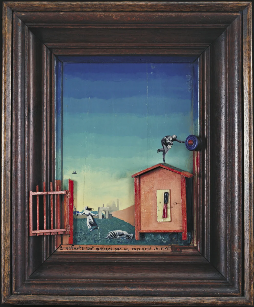Two Children Are Threatened by a Nightingale (Deux Enfants sont menacés par un rossignol) by Max Ernst, painting, 1924