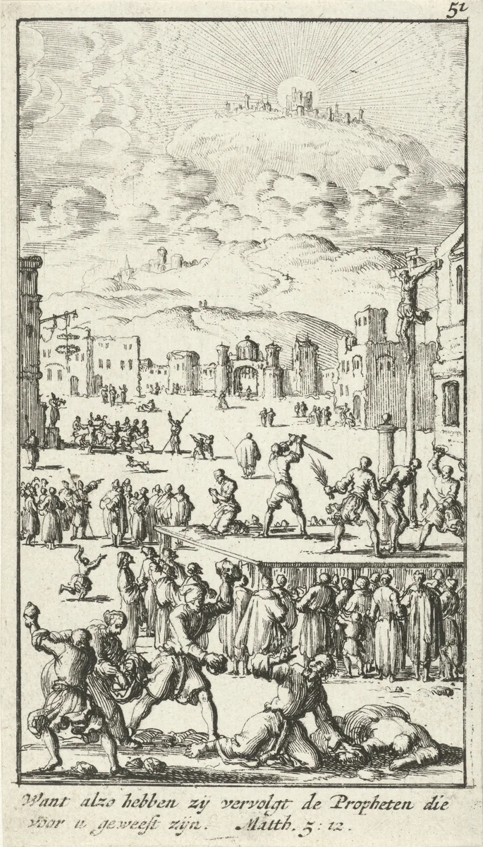 Marktplein waarop verschillende zware straffen worden uitgedeeld by Jan Luyken, print, 1683