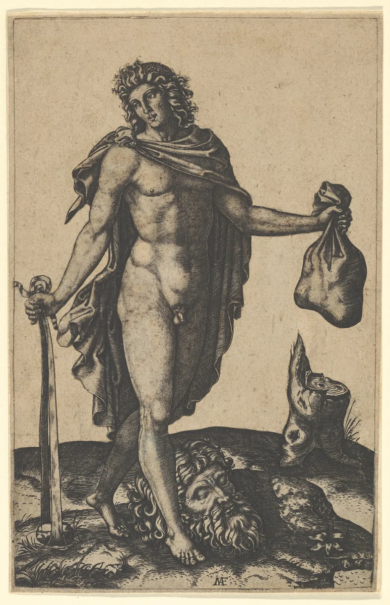 David standing, sword in lowered right hand, sack in the left, the head of Goliath on the ground beneath him by Marcantonio Raimondi, print, 1500-1534
