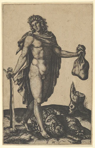 David standing, sword in lowered right hand, sack in the left, the head of Goliath on the ground beneath him by Marcantonio Raimondi, print, 1500-1534