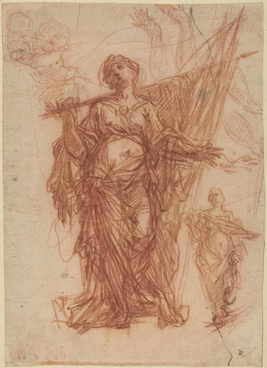 Female Saint Carrying a Banner [recto] by Baldassare Franceschini, drawing, 1611-1689