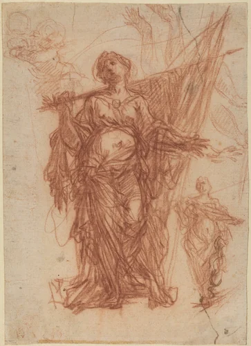Female Saint Carrying a Banner [recto] by Baldassare Franceschini, drawing, 1611-1689