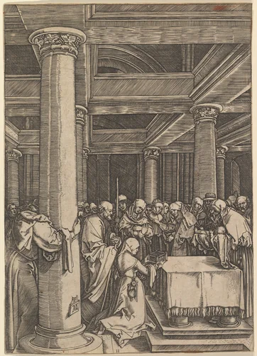 The presentation of Jesus to Simeon in the temple, after Dürer by Marcantonio Raimondi, print, 1495-1539