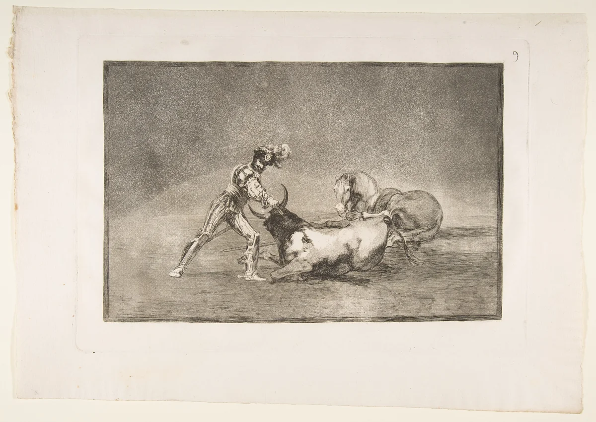 Plate 9 from "La Tauromaquia": A Spanish knight kills the bull after having lost his horse by Goya, print, 1816
