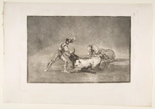 Plate 9 from "La Tauromaquia": A Spanish knight kills the bull after having lost his horse by Goya, print, 1816