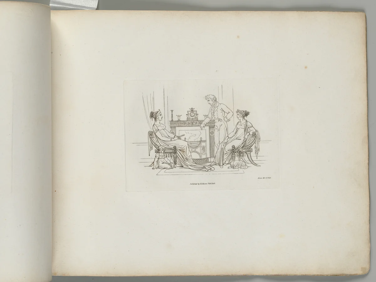 A Man, Two Women, a Child, and a Dog by a Fireplace (from Sketches in Outline) by Henry Moses, print, 1808