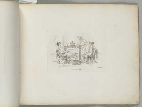 A Man, Two Women, a Child, and a Dog by a Fireplace (from Sketches in Outline) by Henry Moses, print, 1808