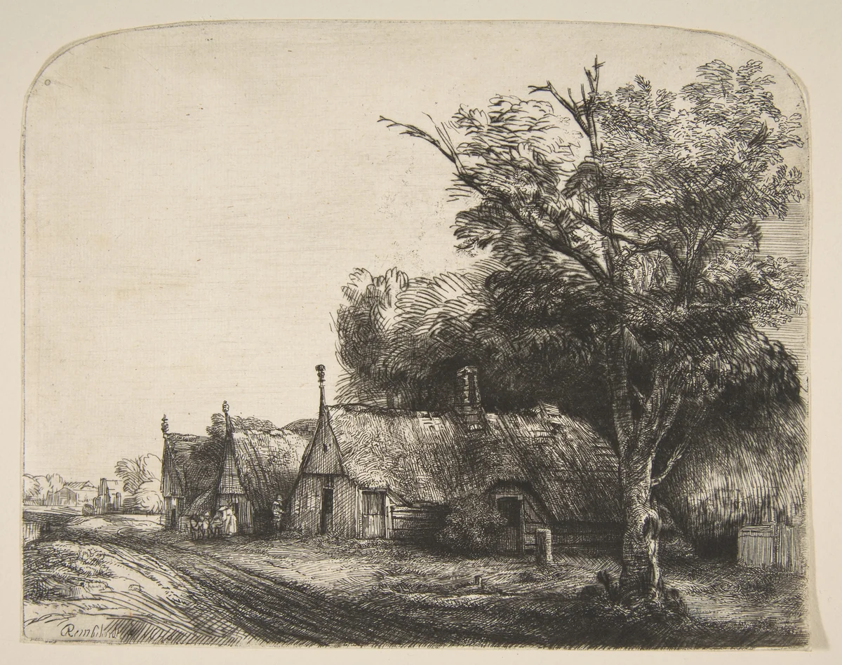 Landscape with Three Gabled Cottages Beside a Road by Rembrandt van Rijn, print, 1650