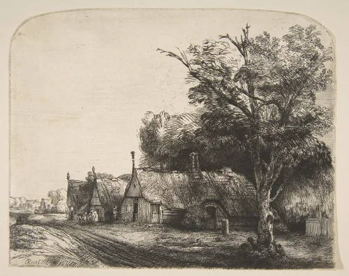 Landscape with Three Gabled Cottages Beside a Road by Rembrandt van Rijn, print, 1650