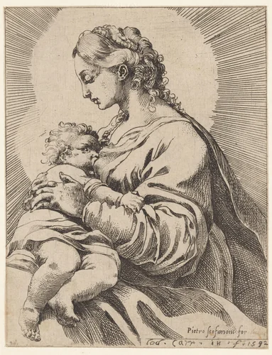 Maria het Christuskind voedend by Unknown, print, 1592