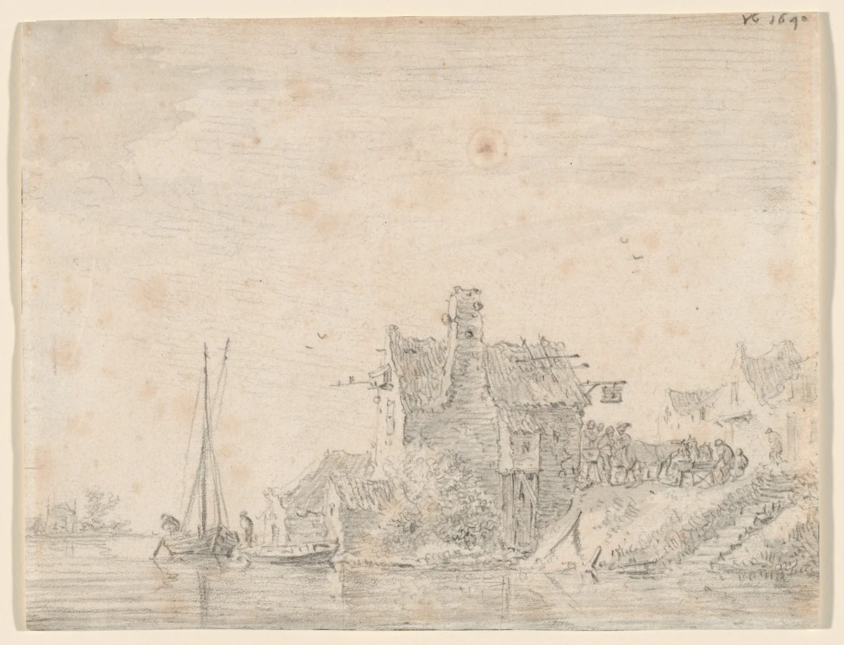 A Tavern by a River by Jan van Goyen, drawing, 1640