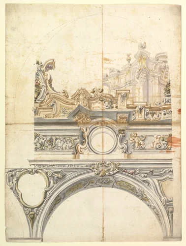 Two Alternate Designs for a Balustrade with Architectural Perspective by anonymous, drawing, 1700-1780