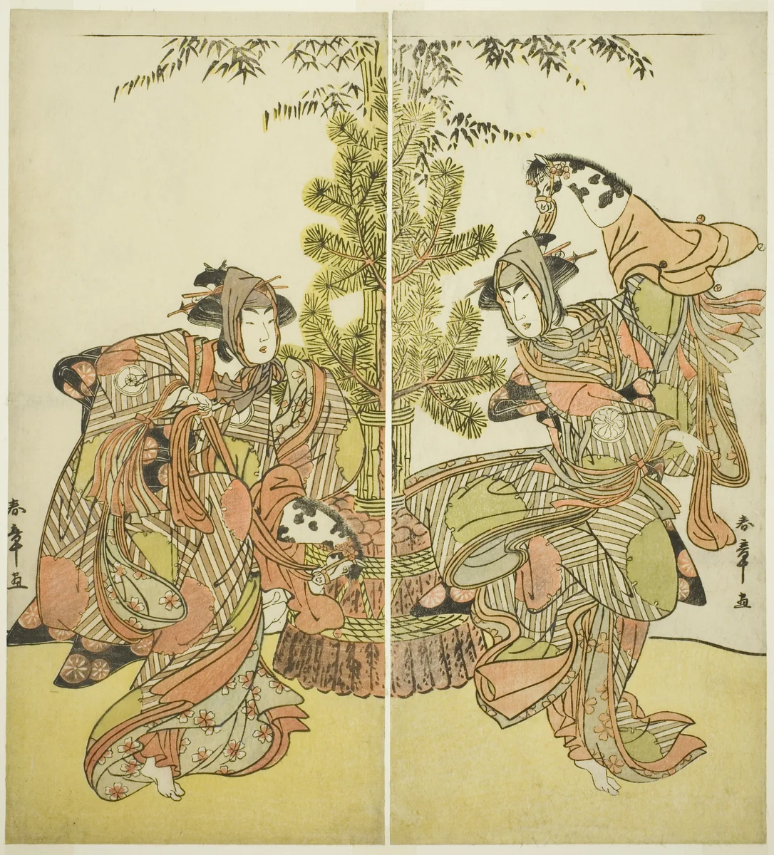 Actors Segawa Kikunojô III as Yasukata and Iwai Hanshirô IV as Utôin Performing a Hobbyhorse Dance (Harugoma odori) in “The Fifth Genji Mitsugi’s Robe (“Godai Genji Mitsugi no Furisode”) by Katsukawa Shunshô (勝川春章), print, 1777-1787