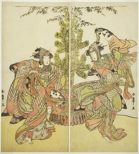 Actors Segawa Kikunojô III as Yasukata and Iwai Hanshirô IV as Utôin Performing a Hobbyhorse Dance (Harugoma odori) in “The Fifth Genji Mitsugi’s Robe (“Godai Genji Mitsugi no Furisode”) by Katsukawa Shunshô (勝川春章), print, 1777-1787