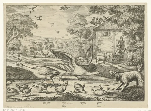 Landschap met twee ganzen die hun jongen verdedigen by Jan Griffier, print, 1670-1724