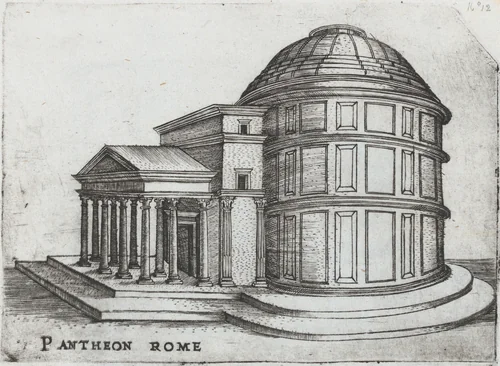 Arcus in Hispania, from a Series of Prints depicting (reconstructed) Buildings from Roman Antiquity by Monogrammist G.A. with the Caltrop, book, 1530-1550