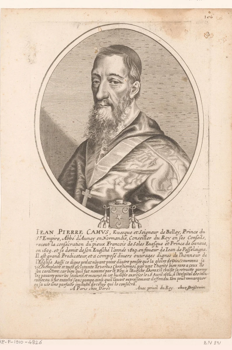 Portret van Jean Pierre Camus by Pierre Daret, print, 1652-1656