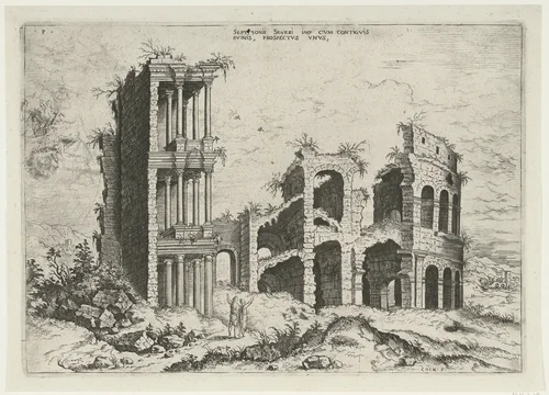 Gezicht op het Septizonium en het Colosseum in Rome by Unknown, print, 1551