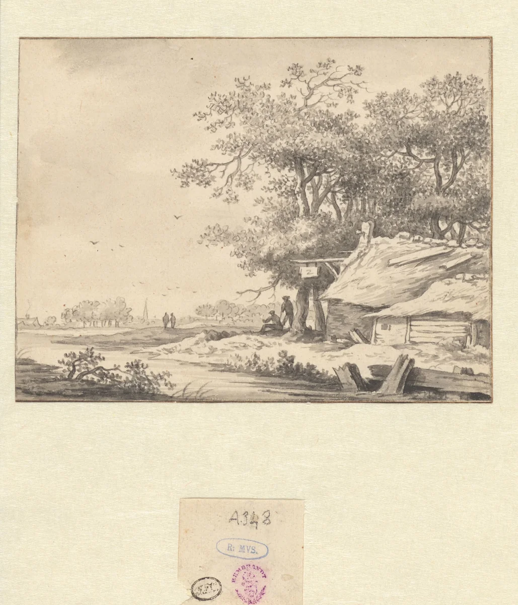 Landschap met een herberg bij een slootje by Aarnout ter Himpel, drawing, 1644-1686