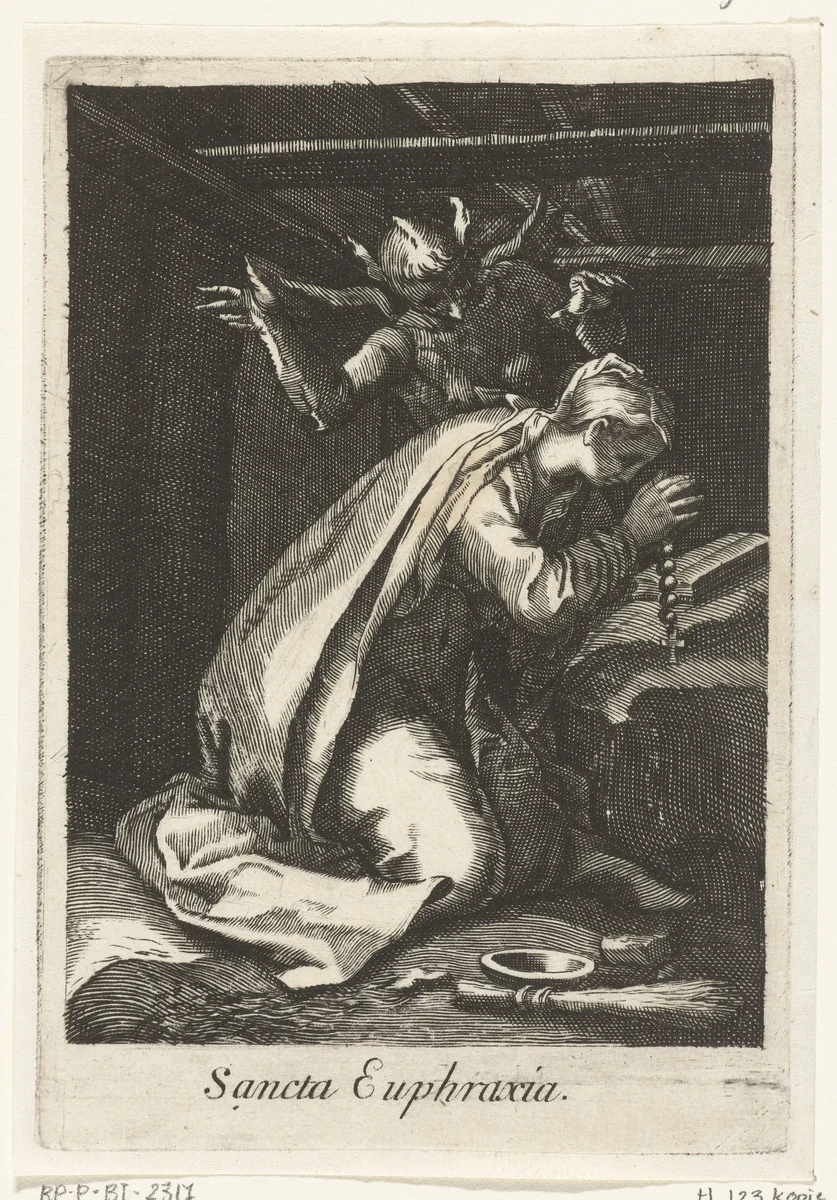 Heilige Euphrasia van Constatinopel als kluizenares by anonymous, print, 1590-1662