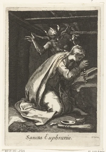 Heilige Euphrasia van Constatinopel als kluizenares by anonymous, print, 1590-1662