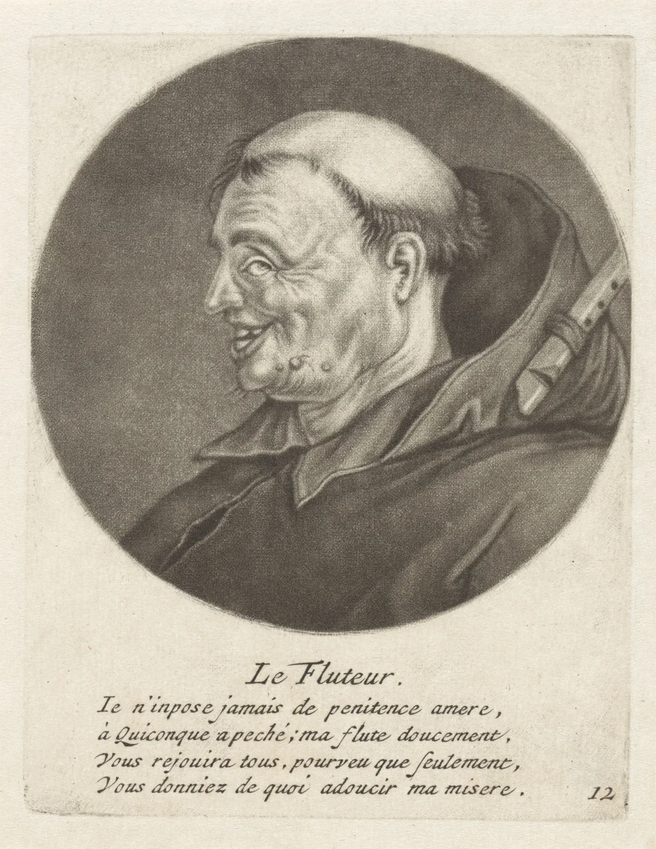 Monnik met een fluit by Jacob Gole, print, 1670-1724