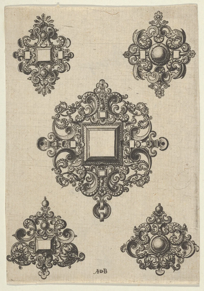 Vertical Panel with Designs for Five Mirrors by Abraham de Bruyn, print, 1580-1600