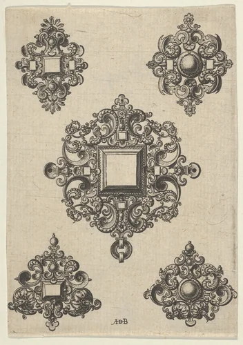 Vertical Panel with Designs for Five Mirrors by Abraham de Bruyn, print, 1580-1600