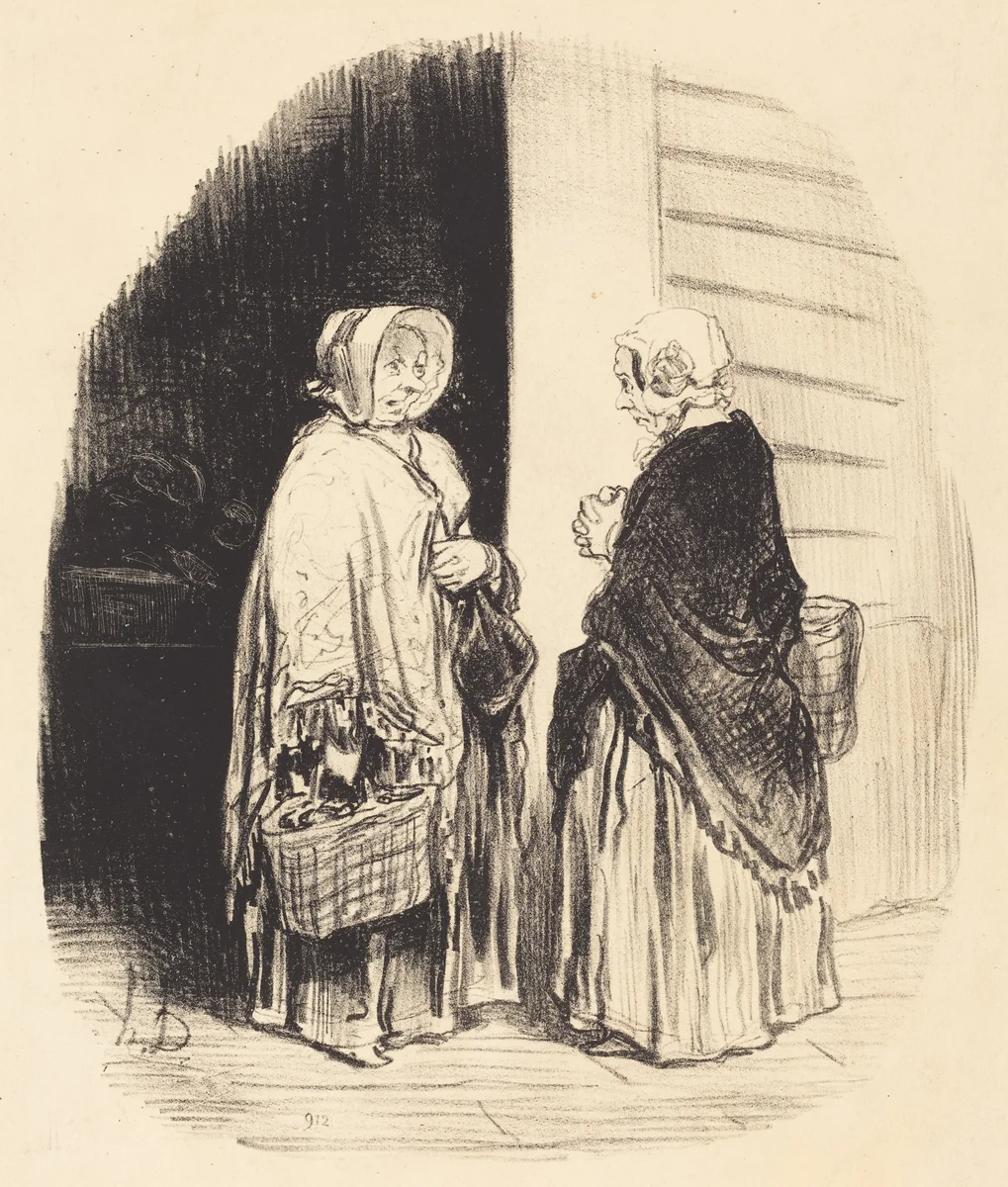 Oui, madame Chaboulard... vingt-quatre épiciers... [recto] by Honoré Daumier, print, 1850