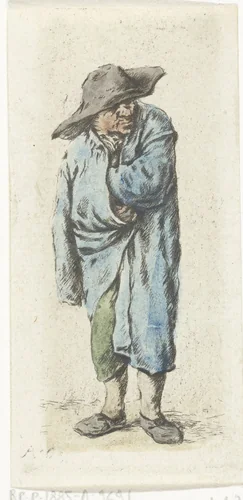 Staande boer met hand en arm in zijn mante by Jurriaan Cootwijck, print, 1724-1798