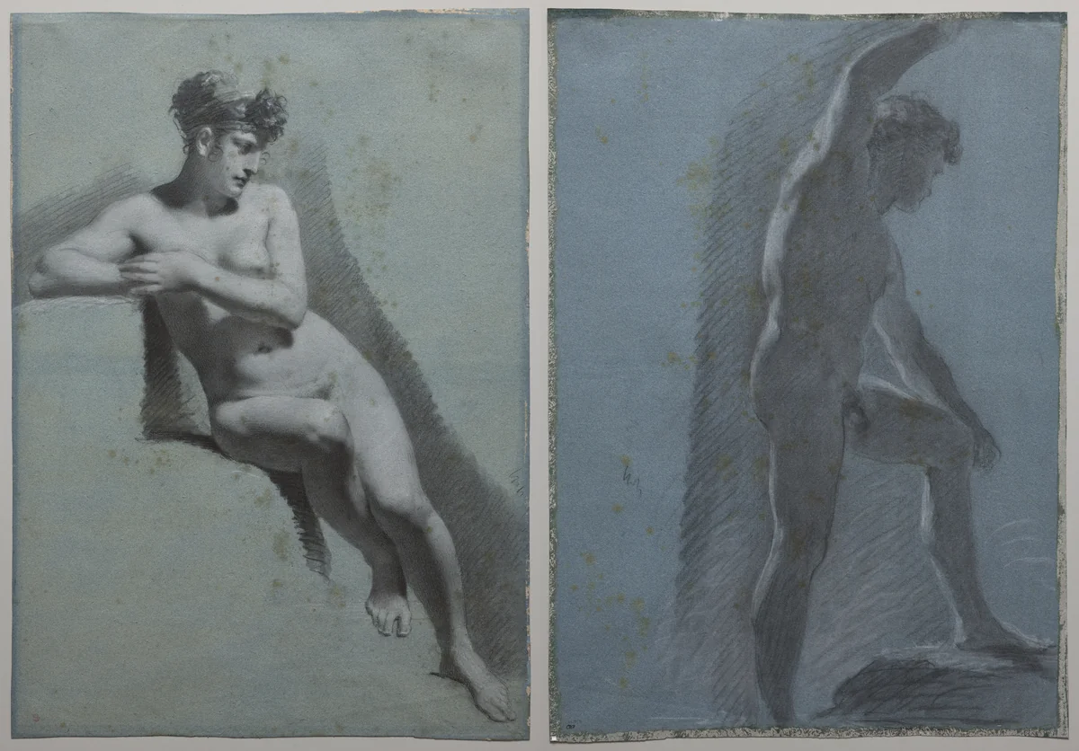 Study of a Nude Woman, Seated Looking to the Right (recto) Study of a Male Nude (verso) by Pierre-Paul Prud'hon, drawing, 1805-1815