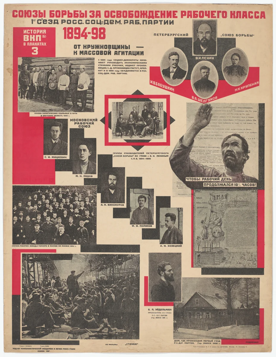 Unions of Struggle for the Liberation of the Working Class. The First Congress of the Russian Social-Democratic Workers’ Party. 1894–98 (Soiuzy bor’by za osvobozhdenie rabochego klassa. 1yi s”ezd Ross. Sots.-Dem. Rab. Partii. 1894–98). Poster no. 3 of 25 from the series The History of the All-Union Communist Party (of Bolsheviks) in Posters (lstoria VKP[b] v plakatakh) by Aleksandr Rodchenko, print, 1926