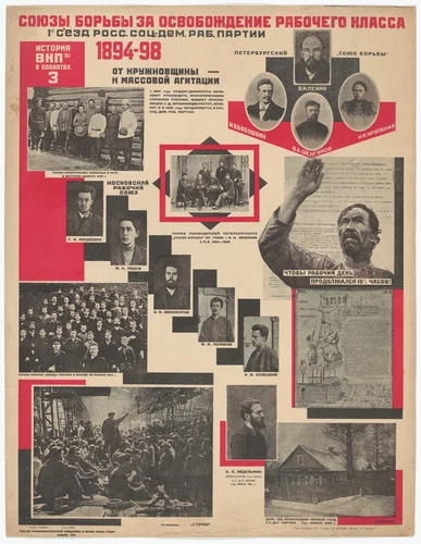Unions of Struggle for the Liberation of the Working Class. The First Congress of the Russian Social-Democratic Workers’ Party. 1894–98 (Soiuzy bor’by za osvobozhdenie rabochego klassa. 1yi s”ezd Ross. Sots.-Dem. Rab. Partii. 1894–98). Poster no. 3 of 25 from the series The History of the All-Union Communist Party (of Bolsheviks) in Posters (lstoria VKP[b] v plakatakh) by Aleksandr Rodchenko, print, 1926