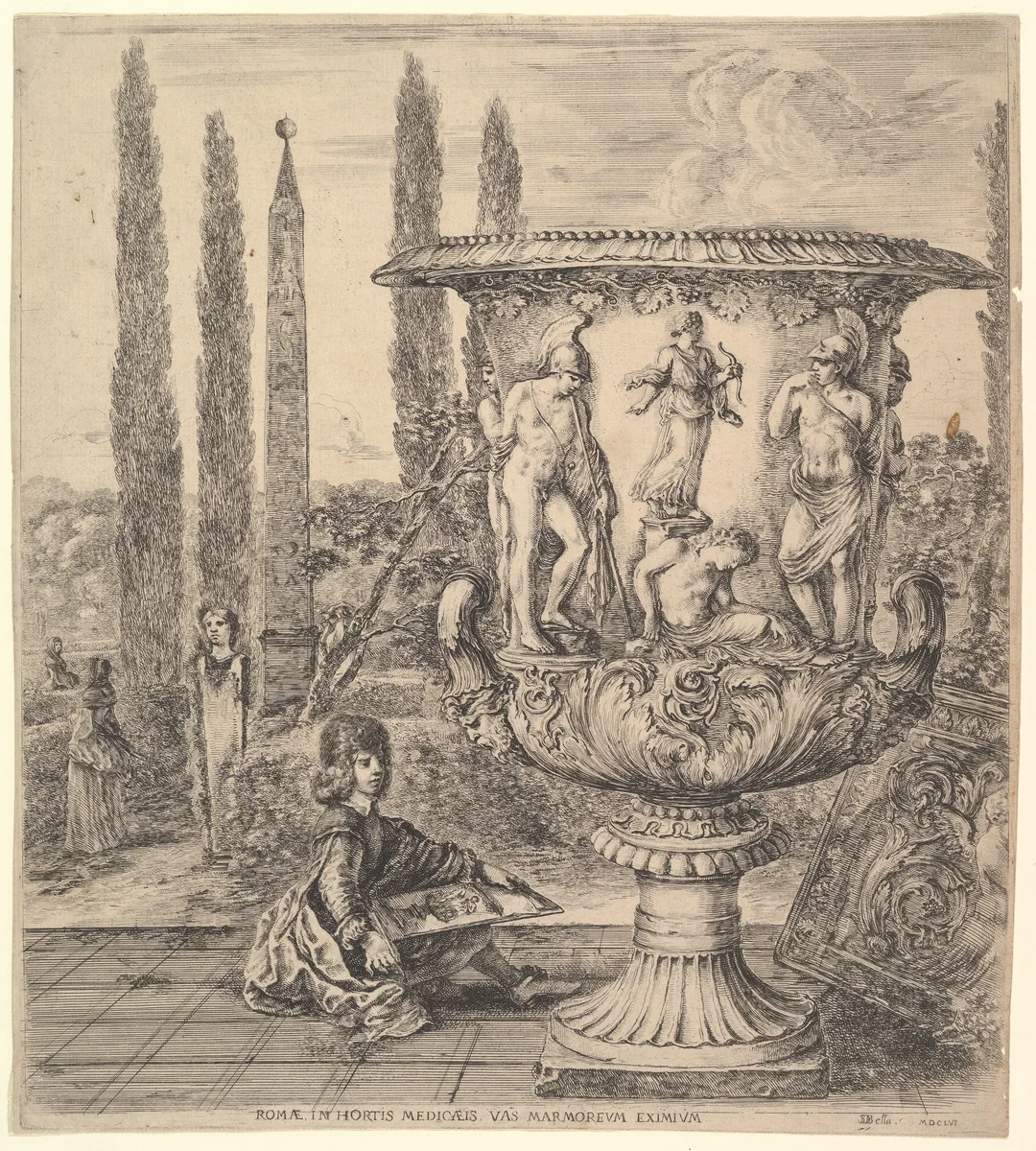 The Medici vase, from "Six large views, four of Rome, and two of the Roman countryside" (Six grandes vues, dont quatre de Rome et deux de la Campagne romaine) by Stefano della Bella, print, 1656