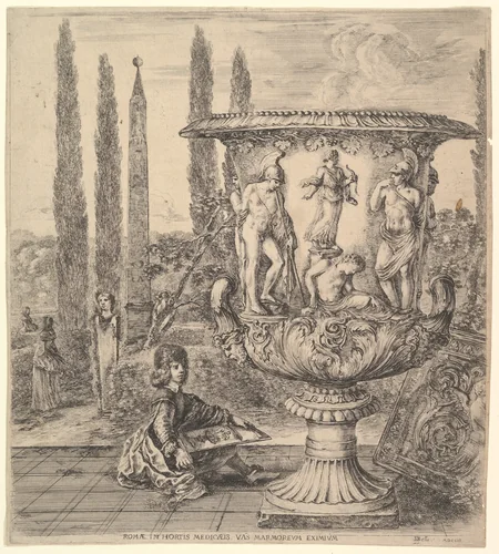 The Medici vase, from "Six large views, four of Rome, and two of the Roman countryside" (Six grandes vues, dont quatre de Rome et deux de la Campagne romaine) by Stefano della Bella, print, 1656