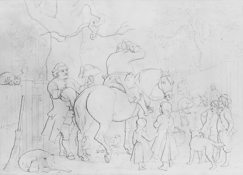 Illustration to William Cowper's Poem "The Diverting History of John Gilpin": The Calenderer of Ware Offers John Gilpin His Hat and Periwig by John Whetten Ehninger, artwork, 1857