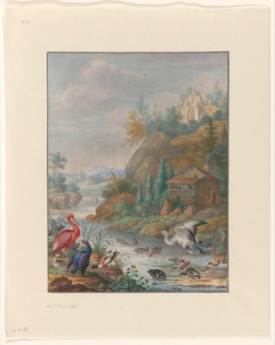 Birds near a Mountain Stream by Herman Henstenburgh, drawing, 1683-1726